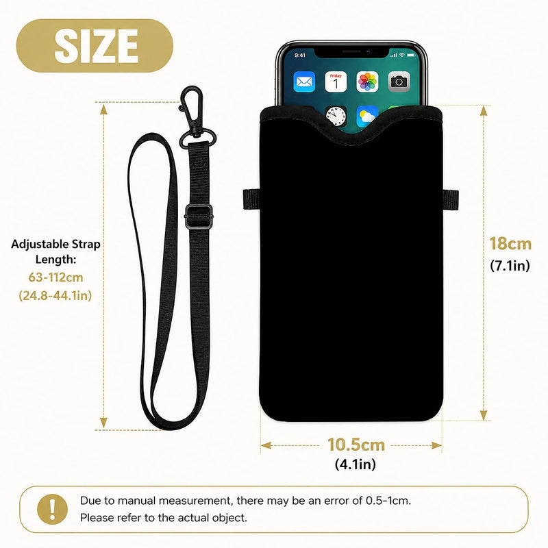 Neoprene Phone Sleeve Pouch Case Bag for Women Men with Crossbody Strap, 7.1x3.9 in, Shockproof Mobile Protection Case Bag with Neck Lanyard, Fits Most Phones, Classic Black Color 01
