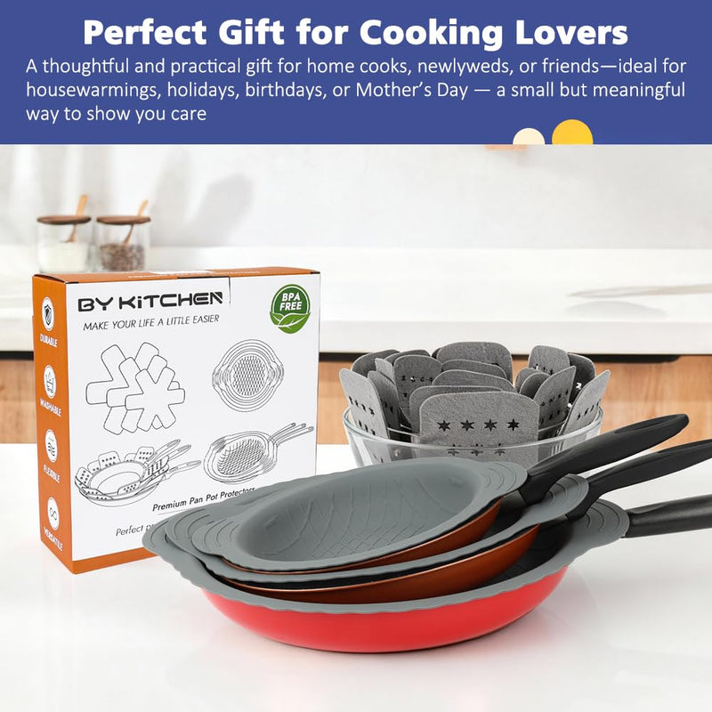 BYKITCHEN 3PCS Silicone Pan Protectors with 6PCS Felt Pan Pot Separators Dividers Pads for Stacking and Protecting Your Cookware, Compatible with Hexclad Cookware Set, Tfal Nonstick Frying Pans &More