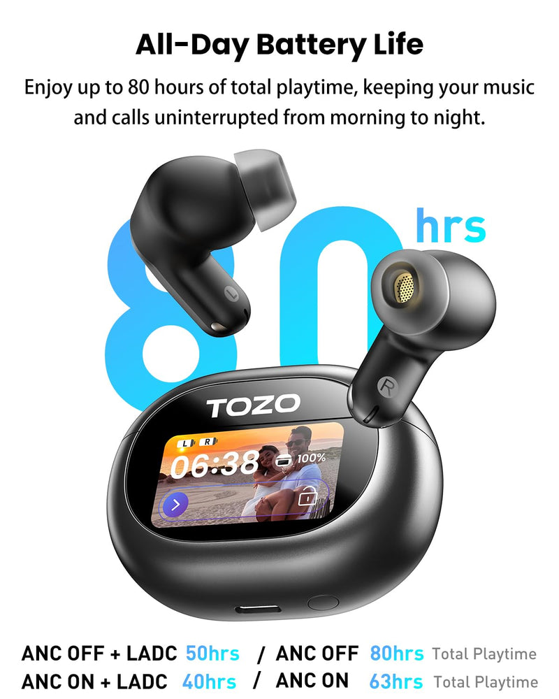 TOZO NC20 Pro Active Noise Cancelling Wireless Earbuds, Smart LCD Screen | LDAC Hi-Res Audio, Stereo Bass, 6 Mics AI Call Ear Buds, 80H Playtime, IPX8 Waterproof, 32 EQ via App Wireless Charging Black Ink Black Small LCD Smart Screen