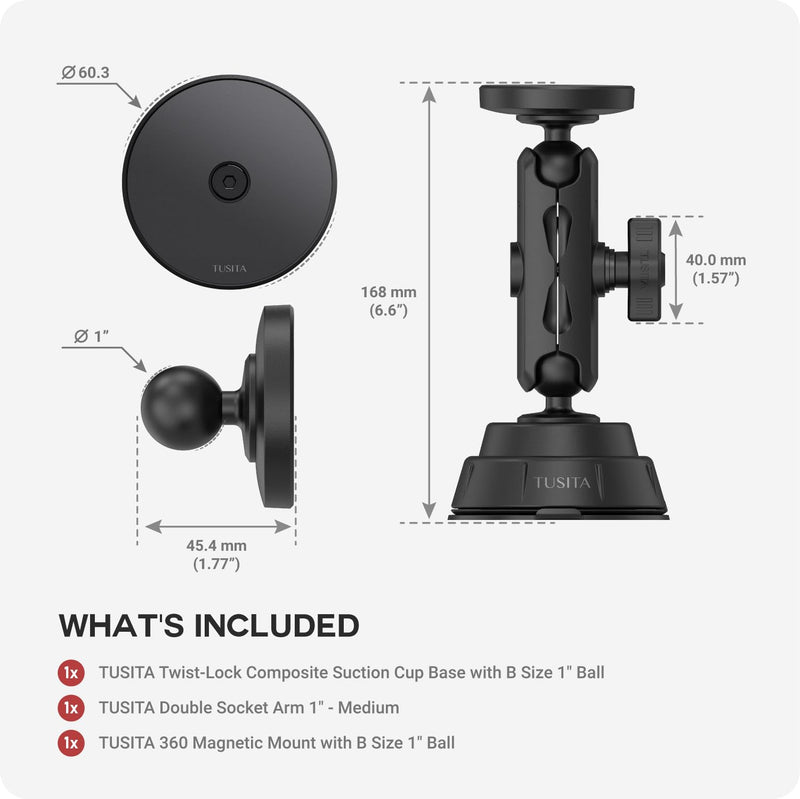 TUSITA Magnetic Car Phone Holder - Twist Lock Suction Cup Base with Double Socket Arm Compatible with Magsafe
