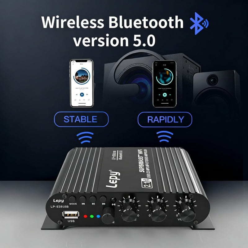 Home Audio Amplifier Bluetooth 5.0 Stereo Receiver 2.1 Channel Subwoofer Amp Board with Treble/Bass/Sub Control HiFi Sound for Home Theater, Car & Karaoke, Includes Remote & Power Adapter