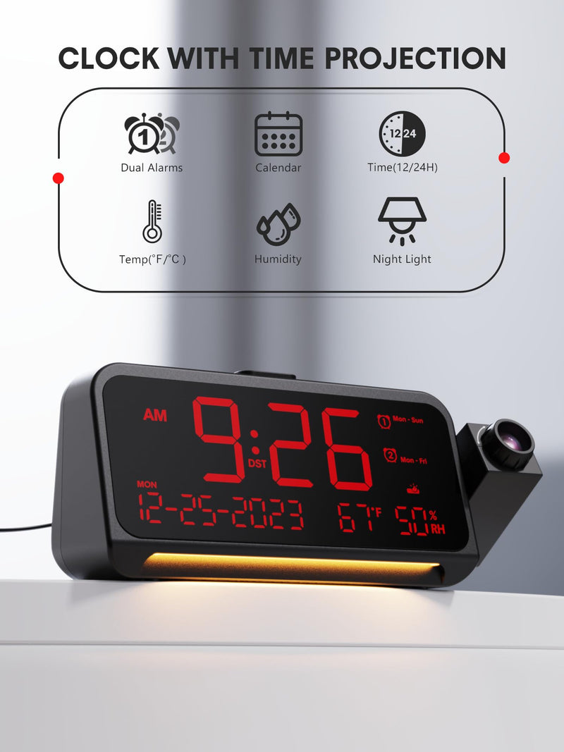 Projection Alarm Clock for Bedroom Ceiling, Digital Clock Projector with Weekday/Weekend Mode, Date, Temperature, Humidity, Type-C USB Charger, Night Light, Dual Alarms, DST, Dimmer,12/24H Red Digit+ Red Projection