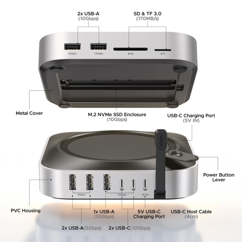 UGREEN Mac mini M4 Dock & Stand with NVMe SSD Enclosure | 3 USB A 10Gbps, USB C Data Port, SD Card Reader for Mac mini M4/ M4 Pro