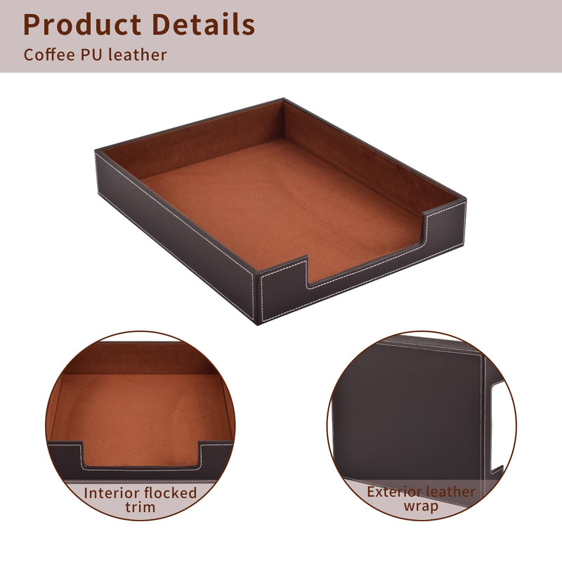 PU Leather 1-Layer Stackable Office File Document Tray Case Rack Paper Letter Tray Desk File Document Organizer Holder (Coffee) Coffee