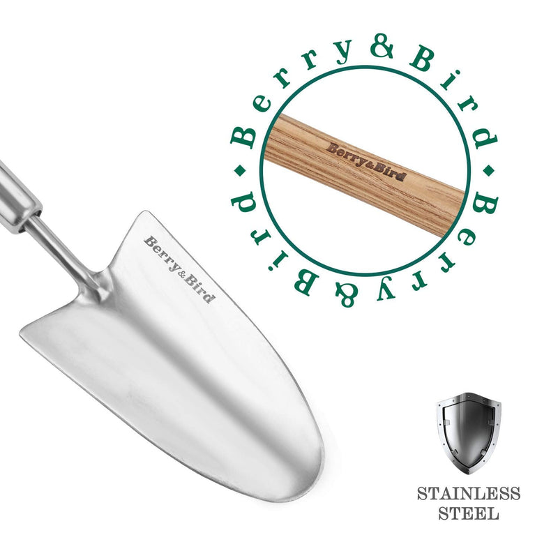 Berry&Bird Garden Trowel with Long Handle, 23.43in Stainless Steel Short Shovel with Wood Handled for Digging, Gardening, Transplanting, Planting and Weeding 23.43 inches Long Hand Trowel