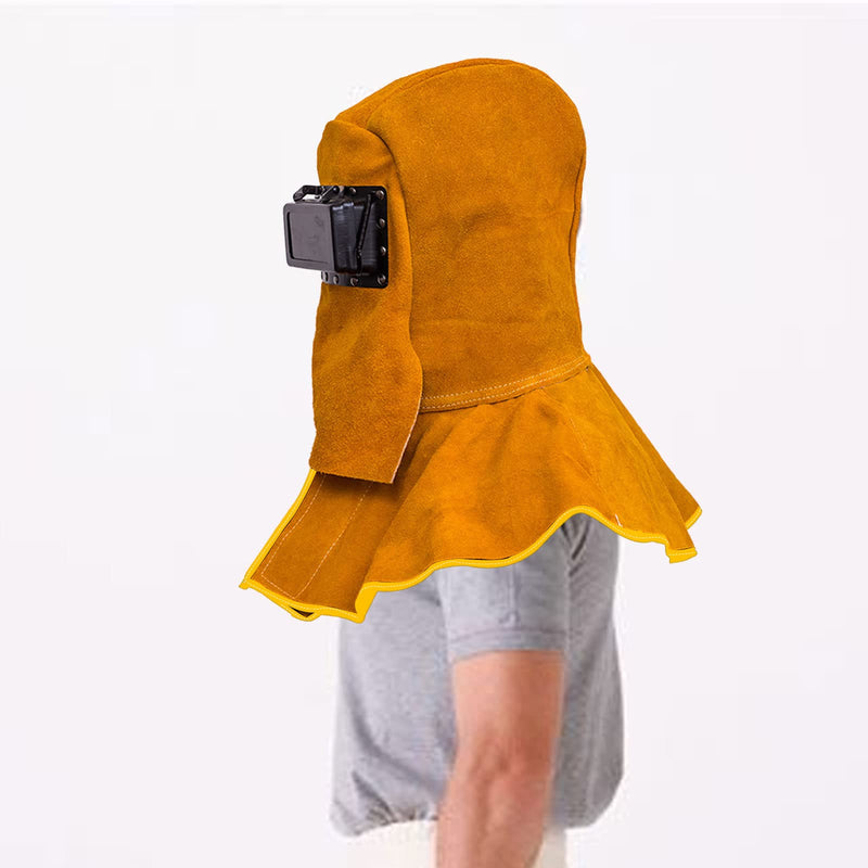 Upgraded Cowhide Leather Welding Hood with Solar Auto Darkening Filter Lens Mask,Full Protective Welder Hood Welding Helmet with Neck Shoulder Protective,Welding Flame Heat Resistant Work Cap Hat