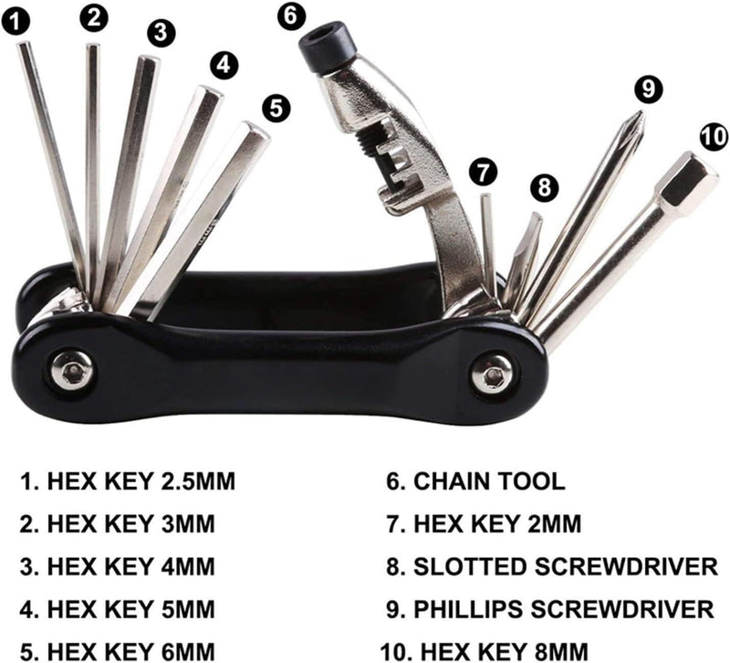 YBEKI Bike Tire Repair Kit with 210PSI Mini Pump & 10-in-1 Multi-Tool | Includes Chain Breaker, Glueless Patches, Tire Levers & Portable Bag | for Road, Mountain & BMX Bicycles Black