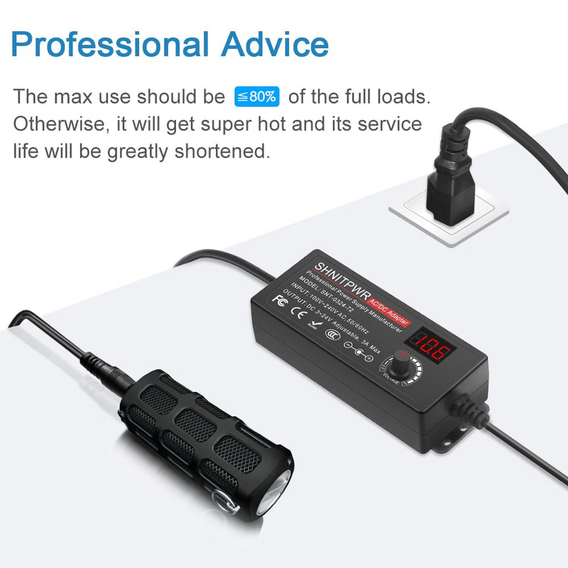 SHNITPWR 3V ~ 24V 3A 72W Power Supply Adjustable DC 3V 5V 6V 9V 12V 15V 16V 18V 19V 20V 24V Variable Universal AC/DC Adapter 100V-240V AC to DC Converter with 14 Tips 5.5x2.5mm 4.0x1.7mm 3.5x1.35mm Black