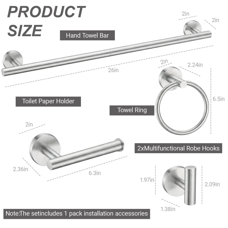 5-Piece Brushed Nickel Bathroom Hardware Set, SUS304 Stainless Steel Wall Mounted Bathroom Accessories, 24 Inch Towel Bar, Towel Ring, Toilet Paper Holder, 2 Hooks, Rustproof Modern Bathroom Fixtures