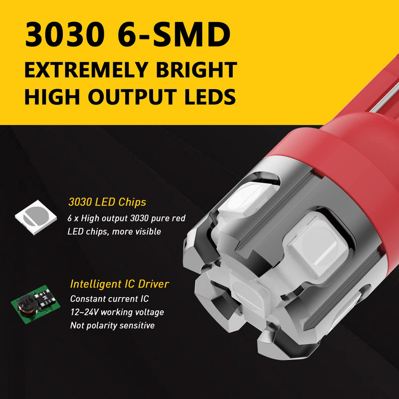 PHINLION 194 LED Light Bulb Red Super Bright 168 2825 W5W T10 Wedge 6-SMD 3030 Chipsets LED Replacement Bulbs for Car Dome Map Parking Door Courtesy Side Marker License Plate Lights
