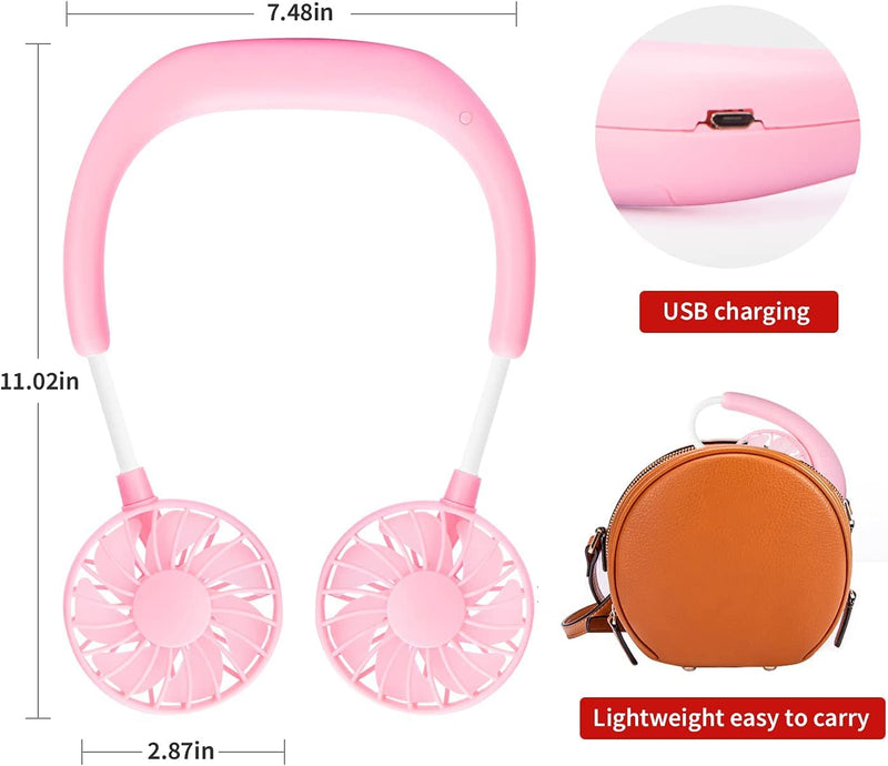 Portable Neck Fan Rechargeable Personal Hand-Free Fan Mini USB Wearable Neckband Sport Fan, 3 Speed Adjustable, 360 Degrees Free Rotation Perfect for Working, Traveling, Office, Reading (Pink) Pink