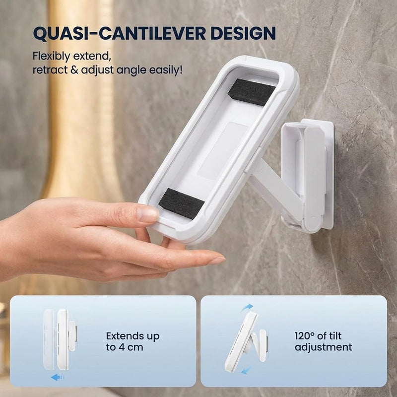 Shower Phone Holder Waterproof - 480° Rotatable Retractable Adjustable iPhone Case Holder with Touch Screen, Bathroom Wall Phone Mount Stand Water Proof Anti Fog, Accessories for 4-7" Cellphones White