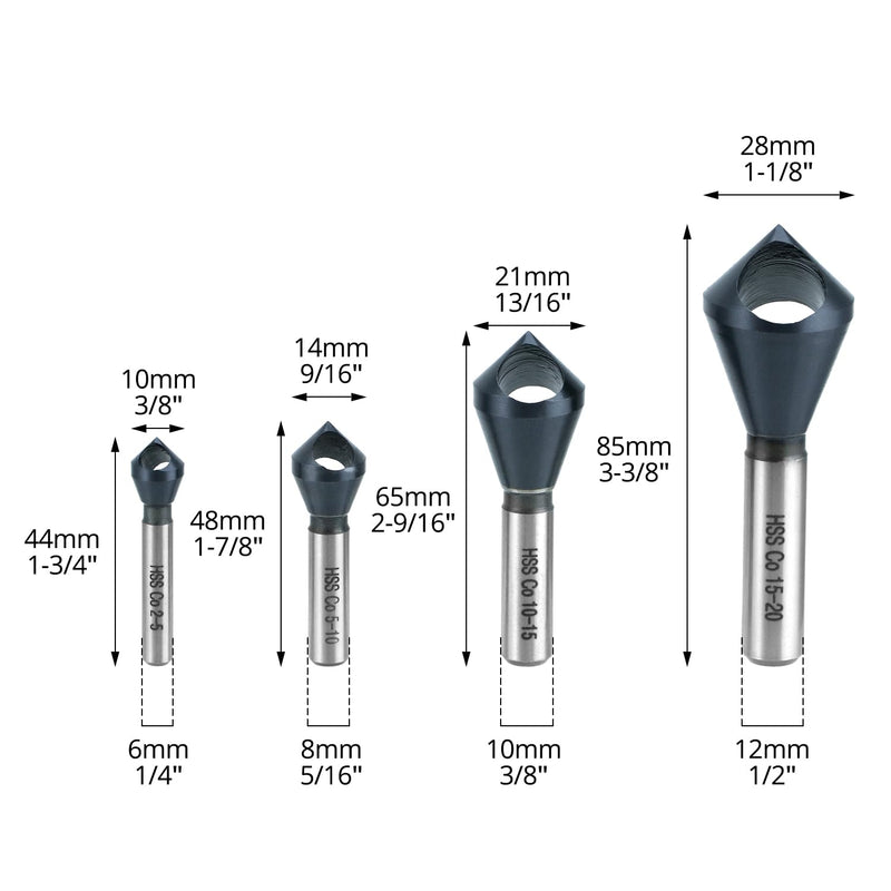 QWORK 4PCS Cobalt Single-End Countersink Chamfer Tool Set, M35 High-Speed Steel, 90° Cutting Angle