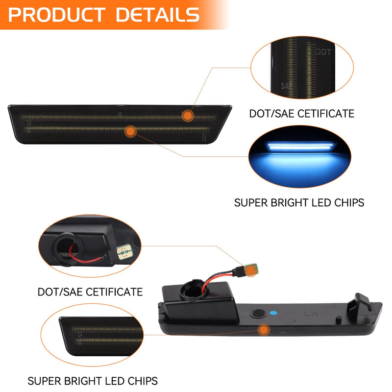 Smoked Lens Blue LED Side Marker Lights for 2008-2014 Dodge Challenger 2011-2014 Dodge Charger, Rear Bumper Marker Reflectors 2PCS