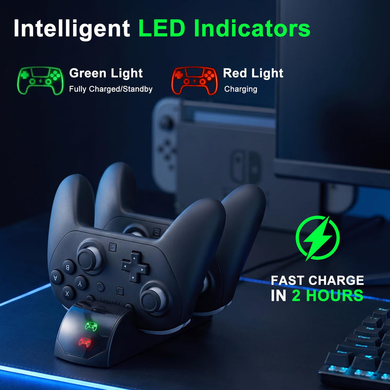 Switch 2 Pro Controller Charging Station, LED Indicator Dual Charger Stand | Dual charger stand for Switch 2 Pro Controller with LED display, fast 5V/2A charging, and convenient desktop storage