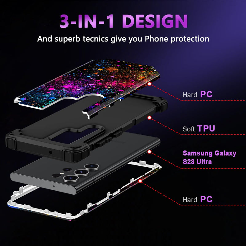 Casetego for Galaxy S23 Ultra Case,Glow in The Dark Three Layer Heavy Duty Sturdy Shockproof Full Protection Rugged Hard PC+Soft TPU Bumper Case for Samsung Galaxy S23 Ultra 5G 6.8 inch,Colorful Sky All Black Colorful Sky-Glow in the Dark