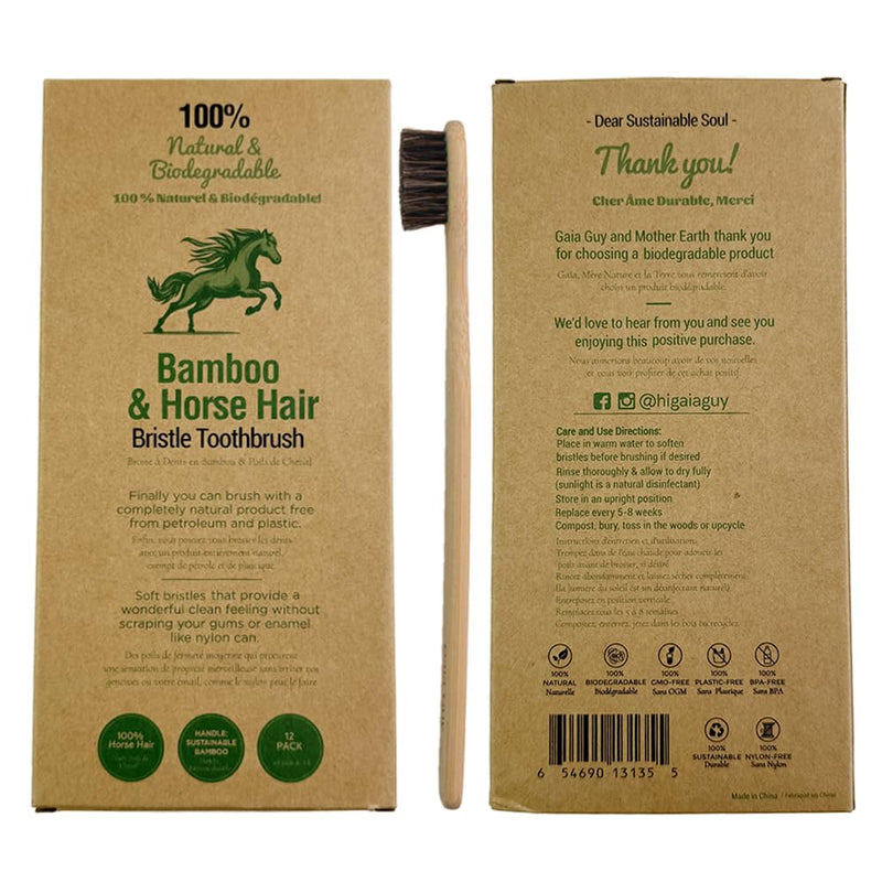 Gaia Guy Soft Natural Bristle Bamboo Toothbrush (NO Nylon - Horse Hair ONLY) - Totally Compostable & Biodegradable Soft Horsehair Bristle and Bamboo Toothbrushes - Zero Waste & Plastic-Free