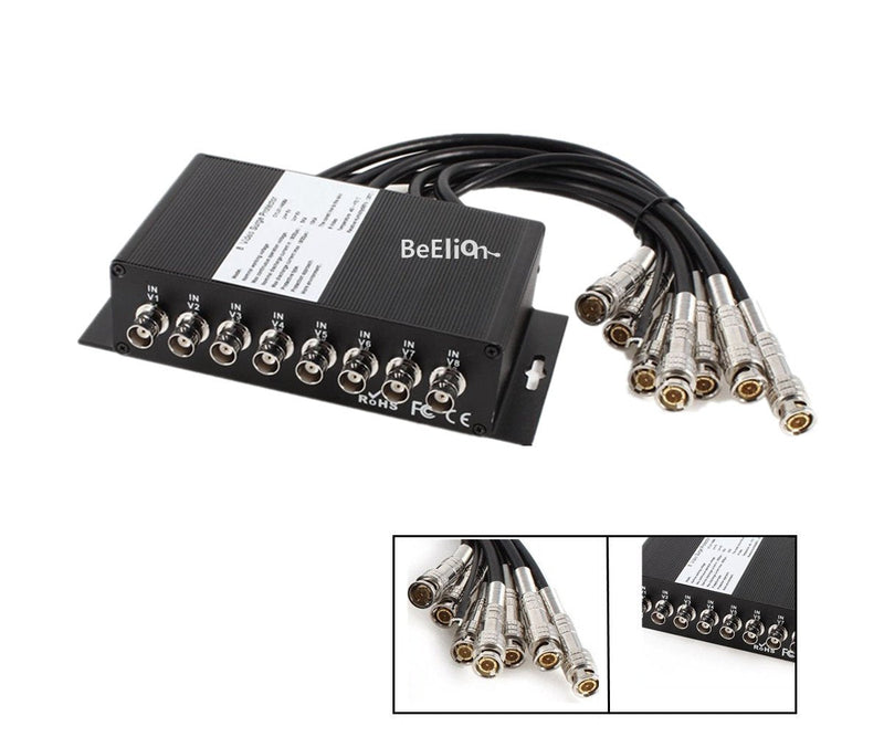 8-Channel BNC Surge Protector Arrester - Upgraded Aluminum Body & Nickel-Plated Copper, for CCTV DVR Surveillance Systems, 28cm Cables, Black