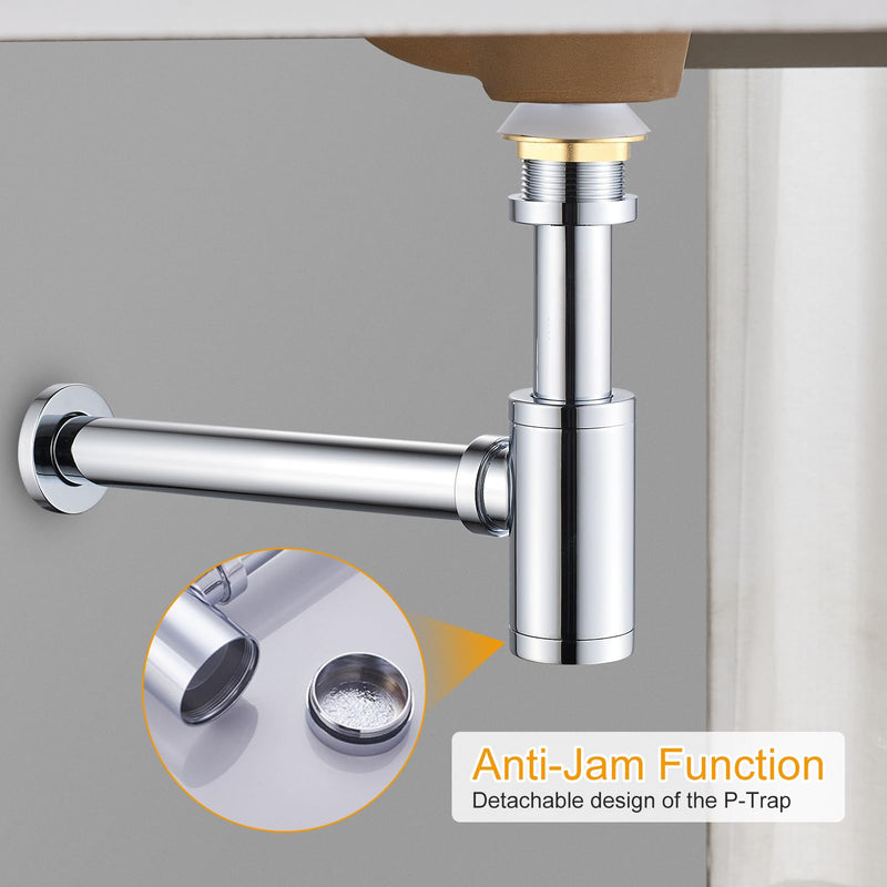Bathroom Sink P-Trap Complete Set, Height Adjustable Bottle Trap with Pop Up Drain Stopper with Overflow, Chrome With Overflow Drain