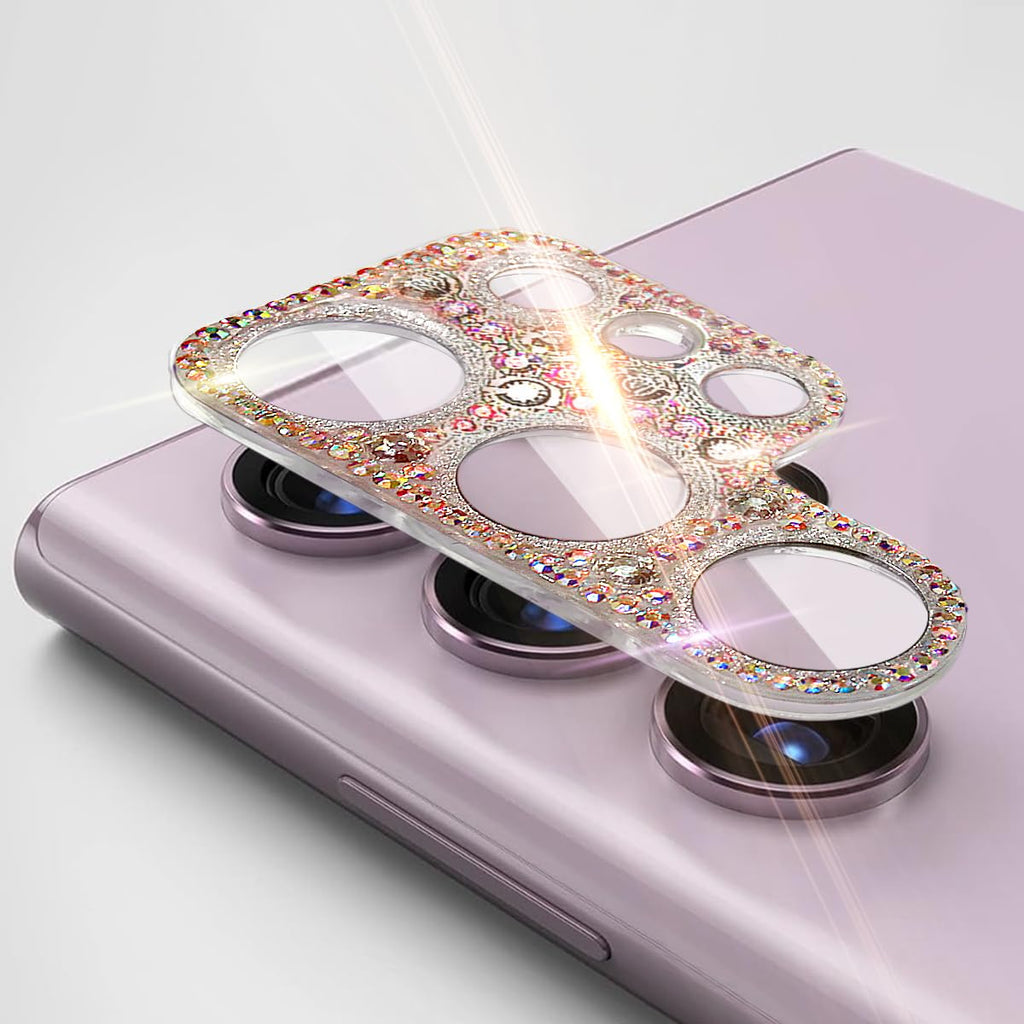 Cavdycidy Bling Diamond Camera Lens Protector Compatible with Samsung Galaxy S22 Ultra, Metal Glitter Gem Camera Cover，9H Tempered Glass lens full Screen Sparkle Rhinestone Protector