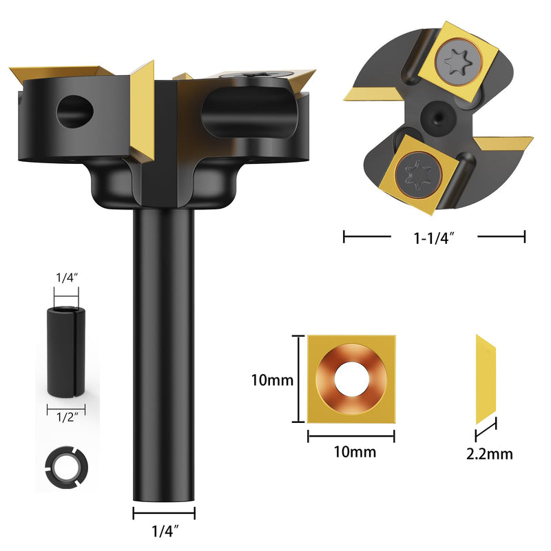 Slab Flattening Router Bit 1/4" Shank,1-3/8" Cutting Diameter,1/2" to 1/4" Router Collet, Insert Carbide CNC Spoilboard Surfacing Planing Woodworking & MDF Surfacing