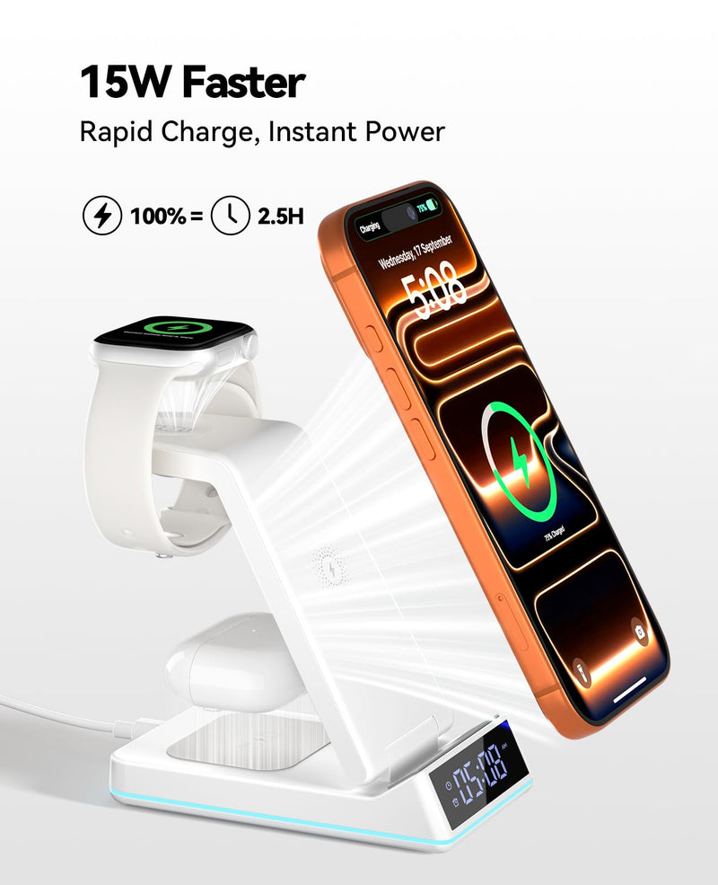Wireless Charging Station, 7 in 1 Wireless Charger Foldable Charger Stand | 2026 Upgraded with Night Light/Alarm Clock for iPhone 17-12 Pro Max Plus, Apple Watch, AirPods Gifts White