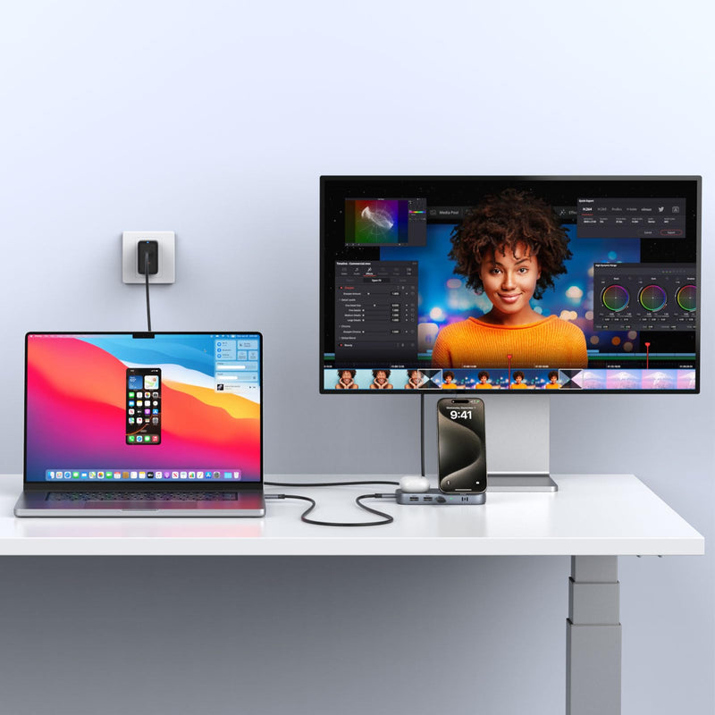 Selore USB C Hub with Wireless Charging for MacBook: 4K@60Hz HDMI, 100W PD, 15W Qi2 + 5W Wireless, 10Gbps Ports, iPhone Mirroring Docking Station & Magsafe Stand, Space-Saving Desk Organizer(Black) Black