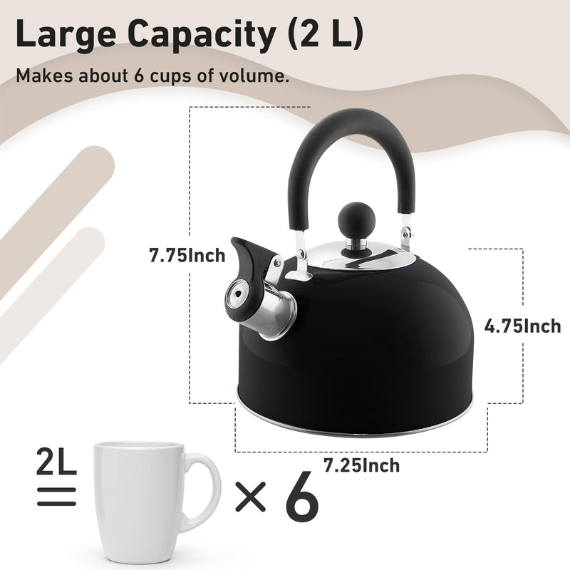 Lily's Home 2 Quart Stainless Steel Whistling Tea Kettle, the Perfect Stovetop Tea and Water Boilers for Your Home, Dorm, Condo or Apartment. (Black) Black(2 Quarts)