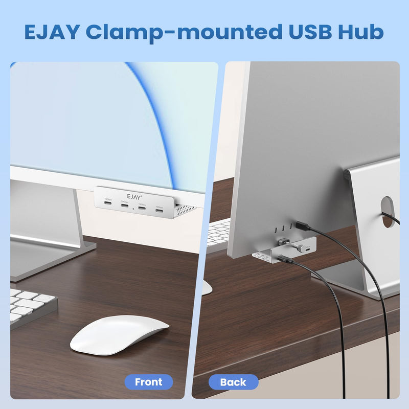 EJAY 10Gbps USB C Hub 4Ports Aluminum USB 3.2 Docking Hub Clamp Design for Desk/Computor with Extra Power Supply Port and 47inches Long Data Cable&39inches Power Cable (BJ-4C-SV) with 4 USB C Silver