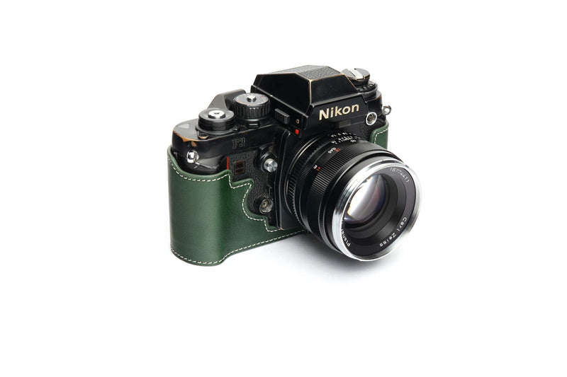 Nikon F3 Case, BolinUS Handmade Genuine Real Leather Half Camera Case Bag Cover for Nikon F3 F3HP F3AF F3T Camera with Hand Strap (Green) Green