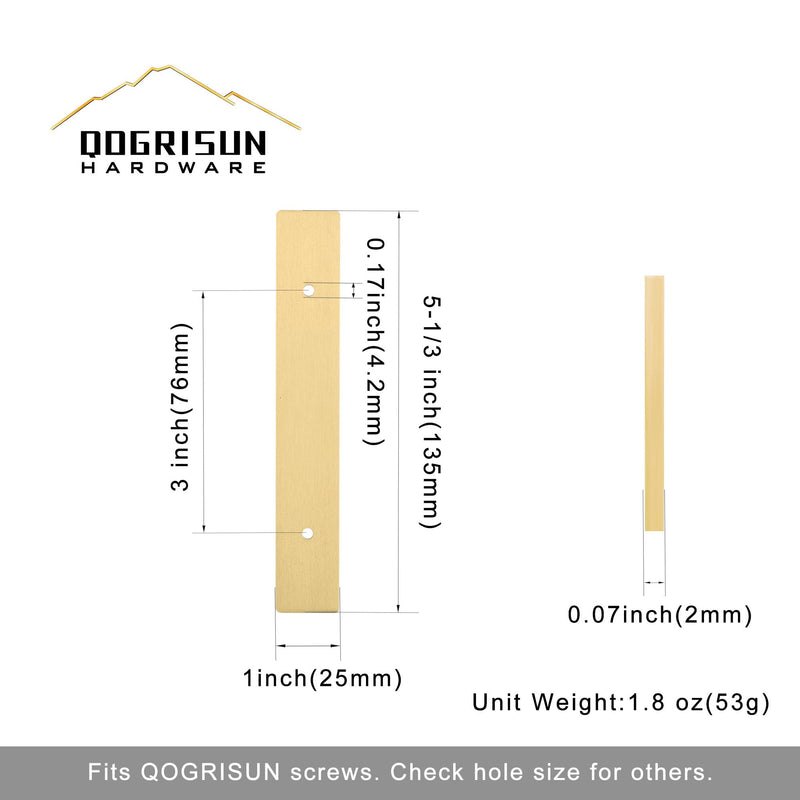 QOGRISUN 5-Pack Solid Brass Cabinet Pulls Back Plates, Rectangle Cabinet Pulls BackPlates, 3-Inch Hole Center,5.3-Inch Total Length for Cabinet Hardware, Brushed Brass Finish 3-Inch (76mm) Center-to-Center