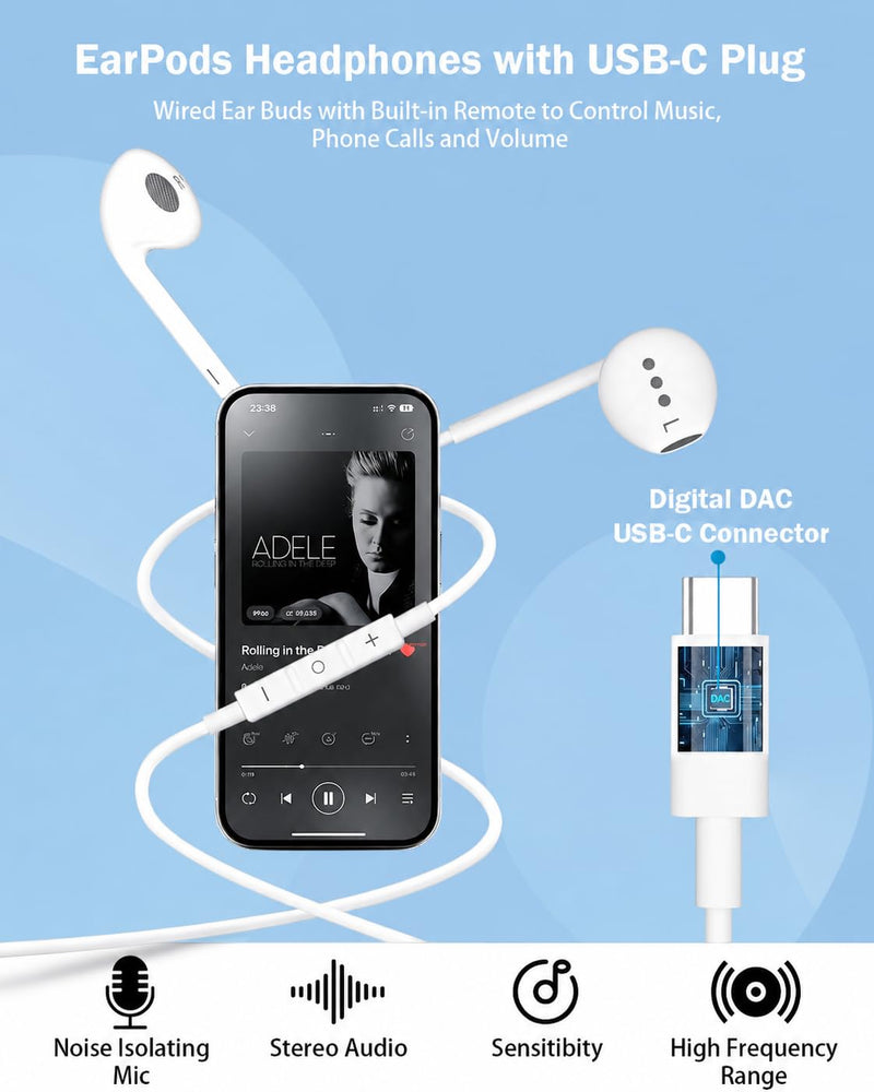 [MFi Certified]USB C Headphones for iPhone 17/16/15, 2 Pack Wired Earphones | Built-In Remote for Music, Calls and Volume Control; Compatible with iPhone 17/16/15, Galaxy and Pixel; 5-Year Warranty. C-white