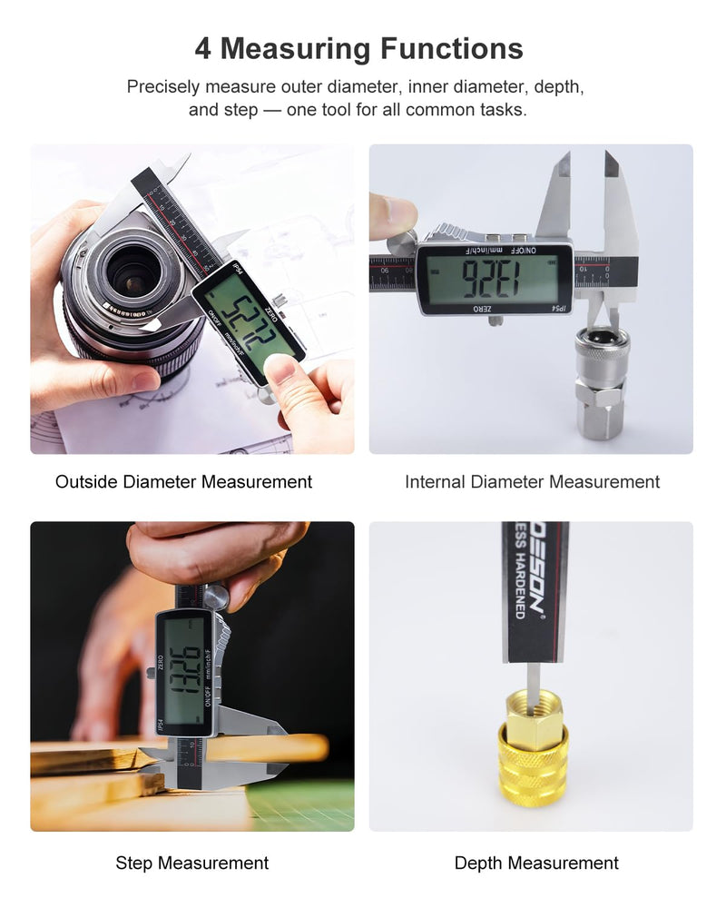 GODESON Digital Caliper, Rechargeable Digital Micrometer-IP54 Waterproof, Stainless Steel & Large LCD Screen Caliper Measuring Tool-Inch/Metric/Fraction,6" Calipers-Auto Off for Pros & DIYers 6-INCH Micro-B