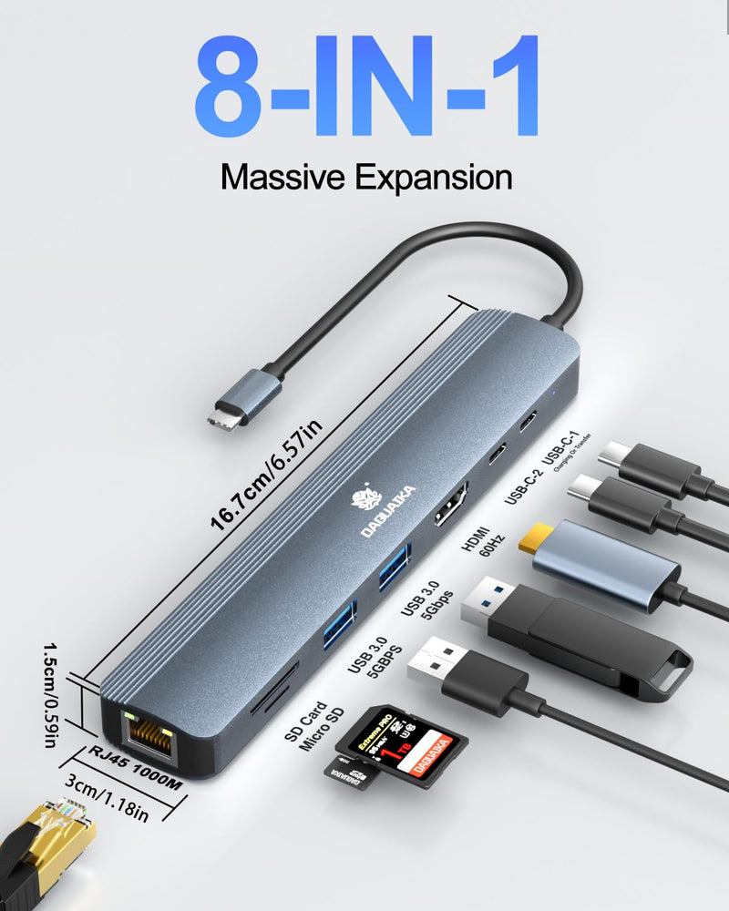Laptop USB C Hub, 8-in-1 Docking Station, 1000Mbps Ethernet, HDMI 4K60Hz, 2 USB 3.0 + 2 USB-C Ports Adapter, PD 100W MAX Charging(Data), SD/TF Card Reader for MacBook Pro/Dell XPS/HP/Lenovo etc 8-in-1 1000M