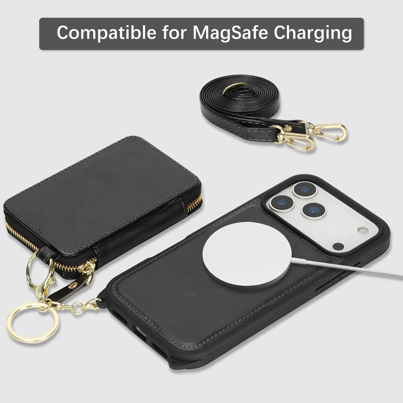 for MagSafe Crossbody Wallet Case for iPhone 17 Pro Max-Black | Protective Purse Case with Card Slots Holder Kickstand Wrist Strap Lanyard Zipper 6.9 Inch 5G black for iPhone 17 Pro Max - 6.9"