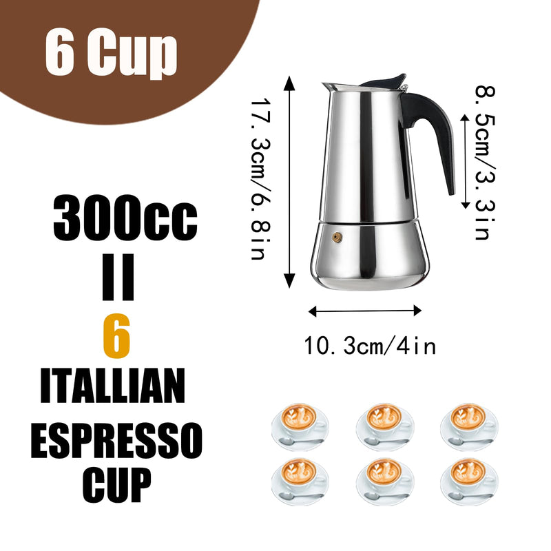 6 Cup Stovetop Espresso Maker Stainless Steel Moka Pot Stove Top Percolator Italian Coffee Makers Capable Mocha Greca Machine Cafe Classic Induction Cookers for Home and Camping 300ml 10oz 6 Cup