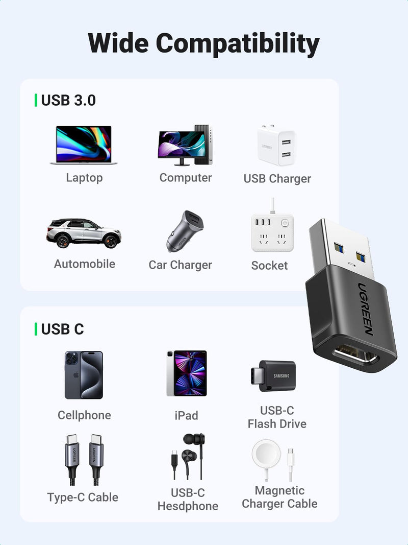 UGREEN 10Gbps USB to USB C Adapter 2Pack, USB C Female to USB Male Adapter USB C Charger Connector for Apple Watch 7 8 9, iPhone 15 14 13,AirPods,MagSafe Charger,CarPlay,Black