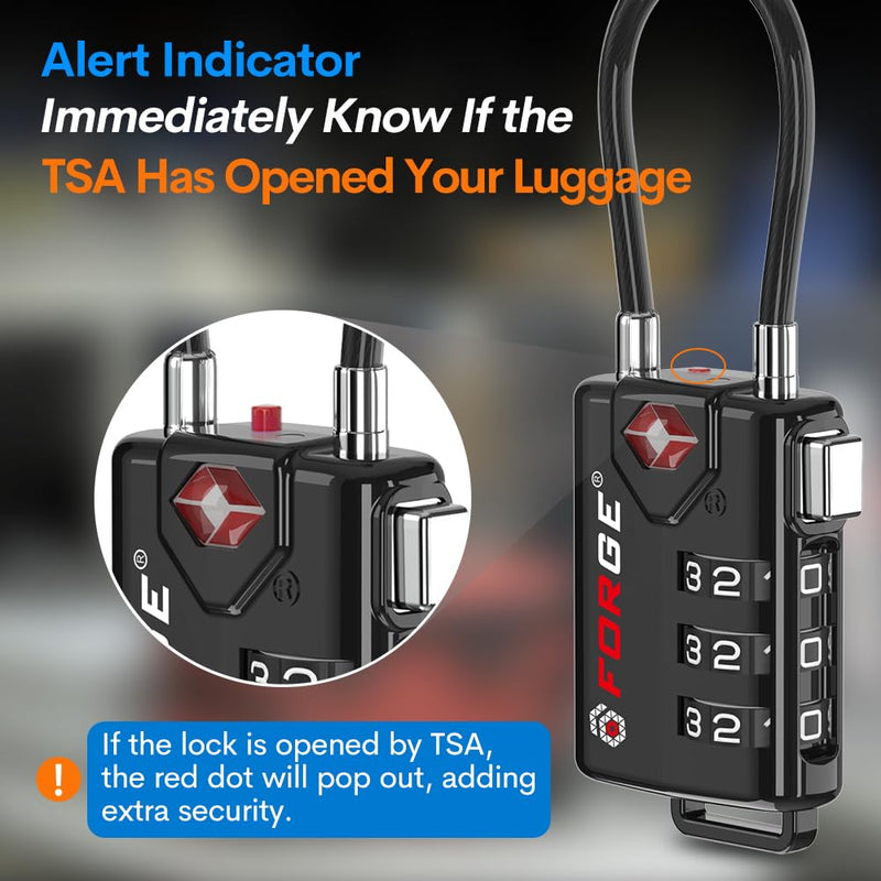 TSA Approved Cable Luggage Locks, Re-settable Combination with Alloy Body Black 4 Pack