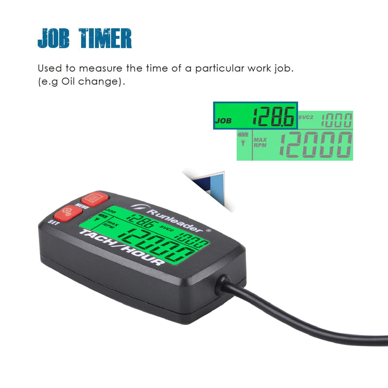 Runleader Hour Meter Tachometer,Maintenance Reminder,Alert RPM,Backlit Display,Initial Hours Setting,Battery Replaceable,Use for ZTR Mower Generator Marine ATV and Gas Powered Device. (Button-Red) Button-Red