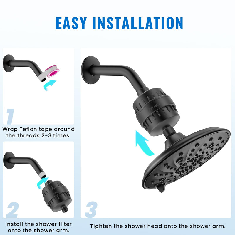 Ryamen Heavy Duty Shower Filter, Shower Water Filter, 99% REMOVAL Shower Head Filter for Hard Water, Heavy Metals, Chlorine (2 Cartridges, Black) 2 Filters