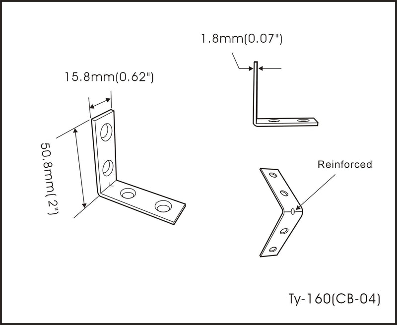 QCAA Angle Bracket Corner Brace Durable Thicker Steel Construction, Zinc Plated, 2"x2"x5/8" x1.8 mm, Made in Taiwan, 48 Pack