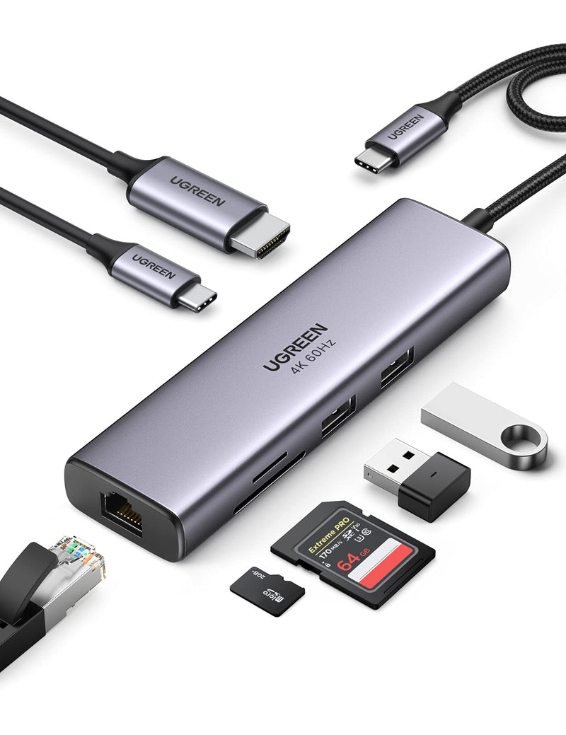 UGREEN Revodok 7 in 1 USB C Hub Gigabit Ethernet Adapter 4K@60Hz HDMI | 100W PD Charging, USB A Data Ports, SD/TF Card Reader Compatible with MacBook Neo/Pro/Air, iPad, Steam Deck 33 x 124 x 16 millimetre