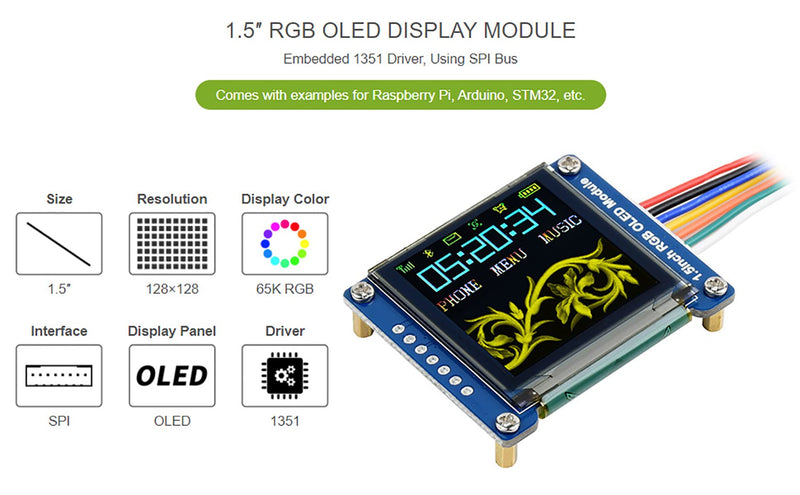 waveshare 1.5inch RGB OLED Display Module, 128x128 Pixels 16-bit High Color (65K Colors) SPI Interface Compatible with Arduino Raspberry Pi Jetson Nano STM32 1.5inch RGB OLED Module