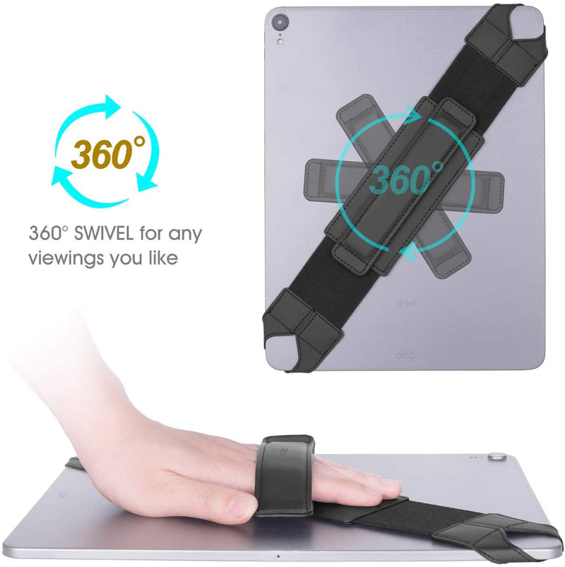 Universal Tablet Hand Strap Holder, 360 Degrees Swivel Leather Handle Grip with Elastic Belt, Secure & Portable for 12.9" Tablets (iPad Pro 2018),Black