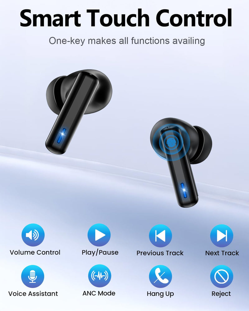 ZIUTY Wireless Earbuds, ANC ENC Noise Cancelling Ear Buds with Touch Screen | 40H Stereo Deep Bass, Bluetooth Headphones with Transparency Mode, IPX7 Waterproof, Clear Calls, 5 EQ for iOS Andoid,Obsidian Black