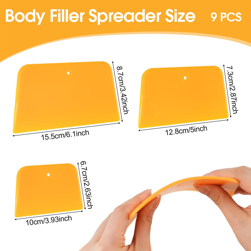 PEASUG Body Filler Spreader, 9 Pack Reusable Plastic Spreader Tool for Automotive Body Applying Fillers, Putties, Glazes, Caulks - Autobody Paint Repairs, 3 Each 4", 5" and 6" 1