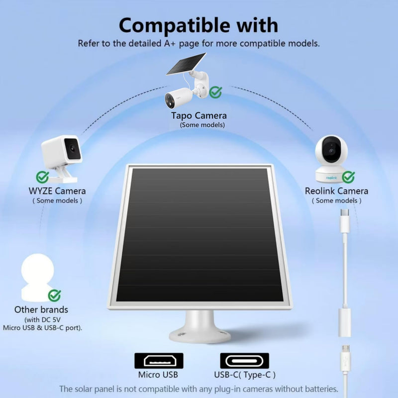 6W Solar Panel for Outdoor Security Camera with Micro USB & USB - C Port, Solar Panel Charger for Battery Camera，Fits Wyze/Reolink DC 5V Output, IP65/360° Adjustable, 9.8ft Cable, Fast Charging white-1Pack