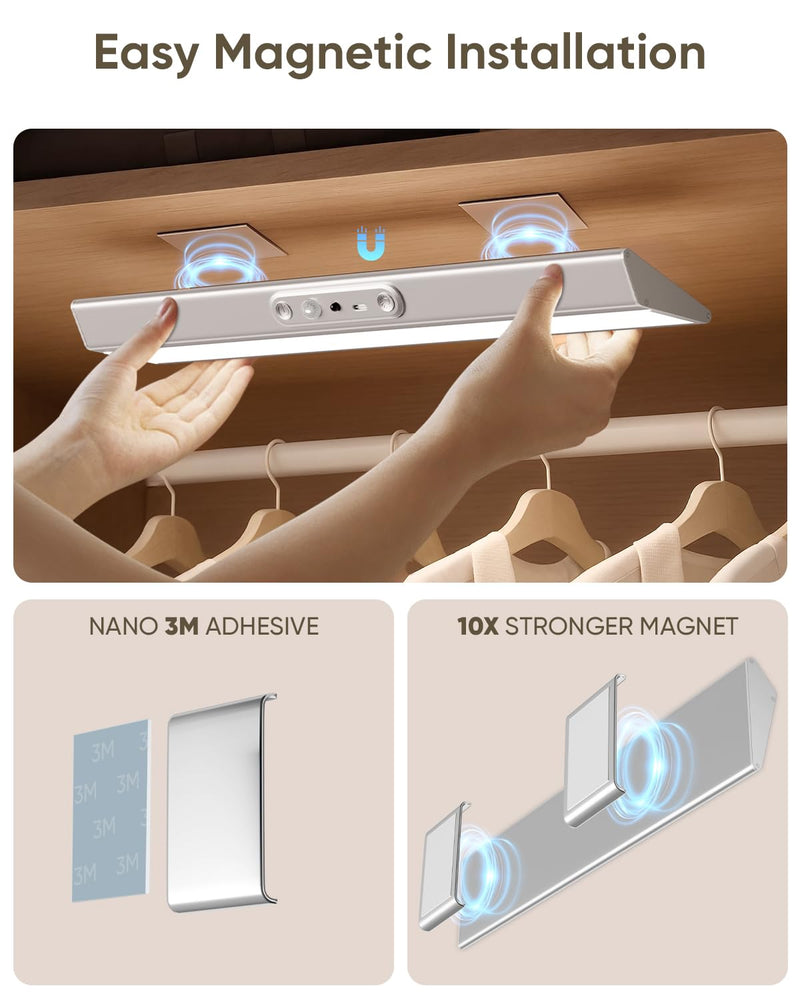 Motion Sensor Closet Lights with Eye Protection Design 400 Lumen Pantry Light Under Cabinet Wireless Lights with Remote Control,3 Color Temp,Rechargeable Night Light for Wardrobe,Cabinet,Kitchen,Shelf Silver 3 Pack