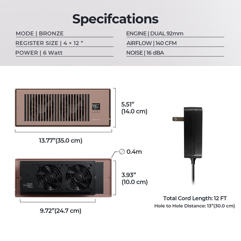 BIOWIND Quiet Register Booster Fan Fits 4" x 12" Register Holes, 10-Speed Smart Heating Cooling AC Vent Fan with Remote Control and Thermostat Control - Bronze 4" x 12"