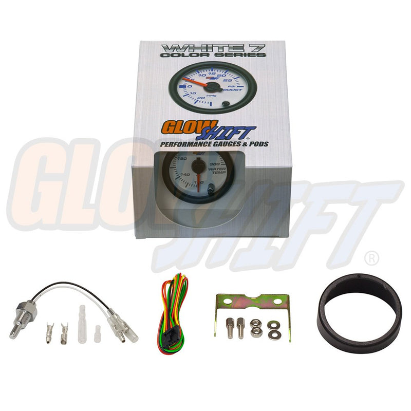 GlowShift White 7 Color 300 F Water Coolant Temperature Gauge Kit - Includes Electronic Sensor - White Dial - Clear Lens - for Car & Truck - 2-1/16" 52mm